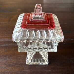 Vintage Glass Candy Dish Ruby Flash Lid Footed Compote Mismatched Eclectic 30s